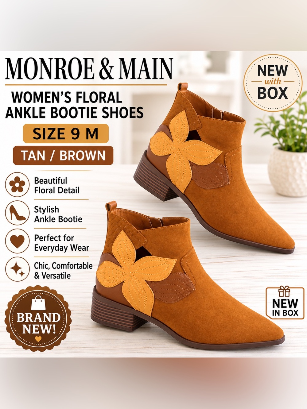 Monroe & Main Women’s Floral Ankle Booties Tan Brown Size 9M New In Box